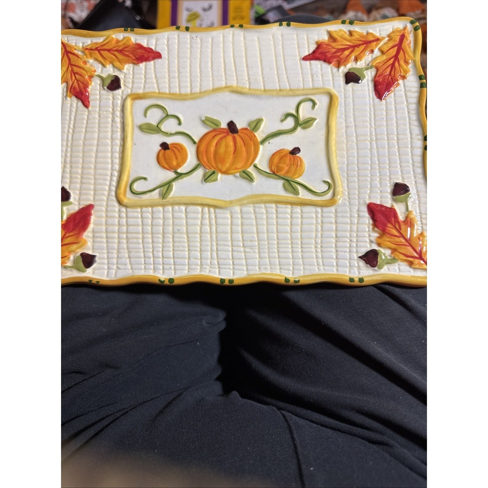 Fall Temptations by Tara Rectangle Tray Trivet Ceramic Pumpkin Autumn Acorn 6x9